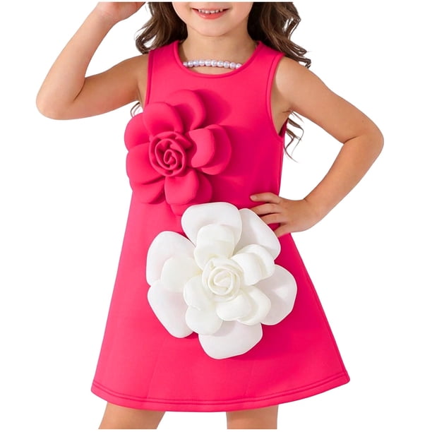 Vestido de la Niña de la Flor Blanca sin Mangas Verano Rojo Y Blanco de la Rodilla de la Falda de la Longitud Bolsos de Fiesta para los Niños Cumpleaños Vestido Al Aire Libre