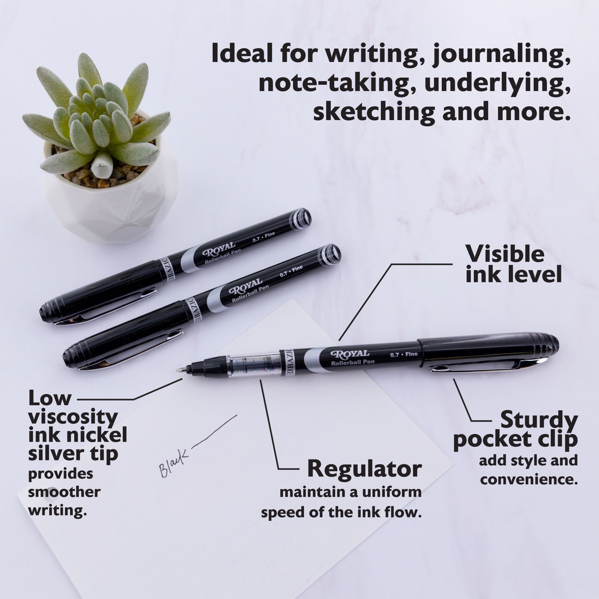 BAZIC Royal Black Color Rollerball Pen 0.7mm w/ Regulator,(3/Pack), 24-Pack
