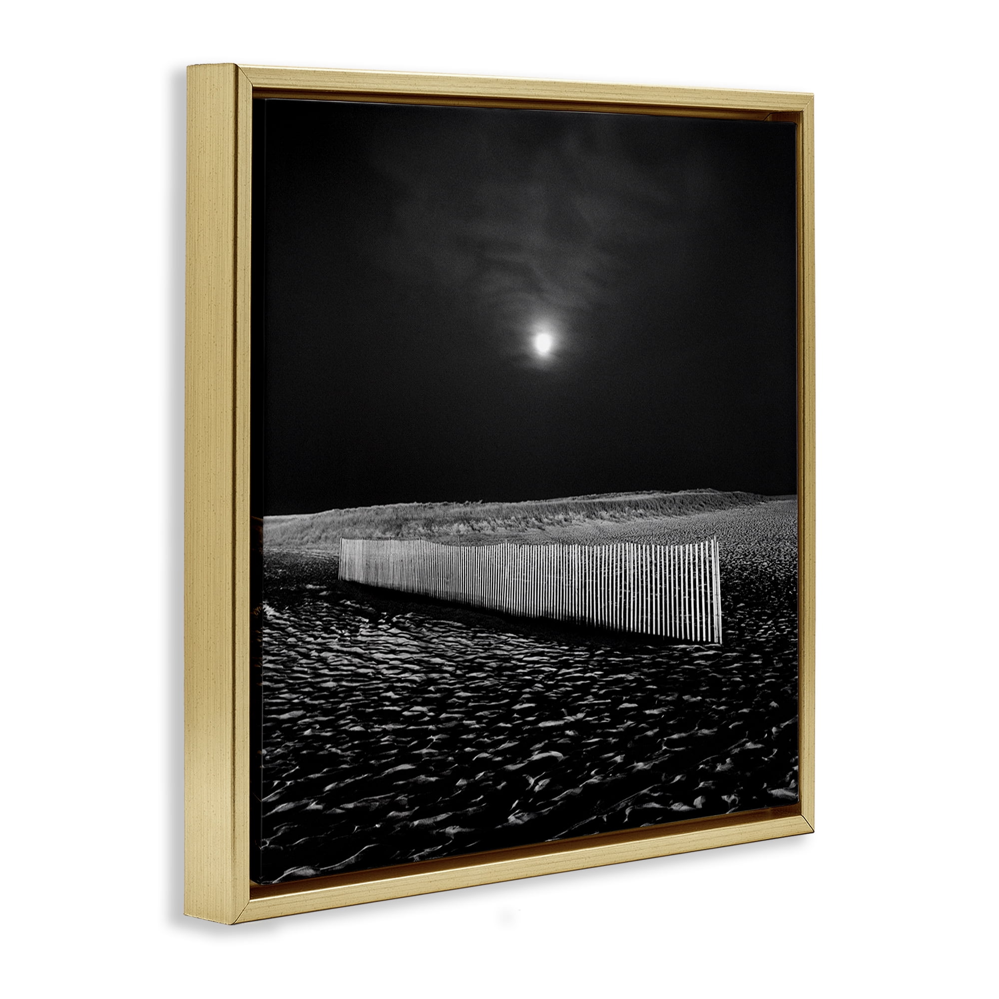 Stupell Industries Beach Fence at Night Coastal Photography Gold Floater Framed Canvas Art Print Wall Art, 18 x 18