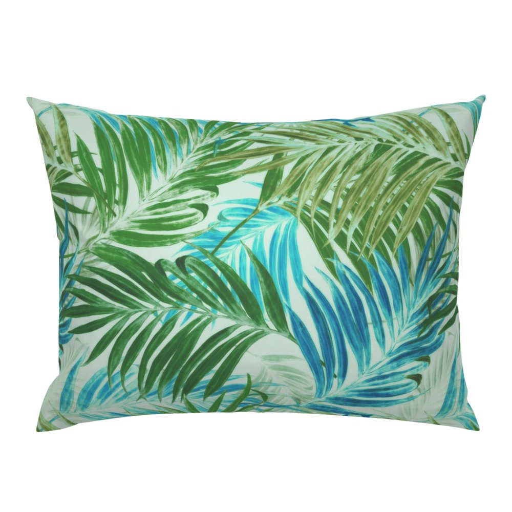 Tropical Palm Leaves Botanical Green Light Blue Pillow Sham by Roostery