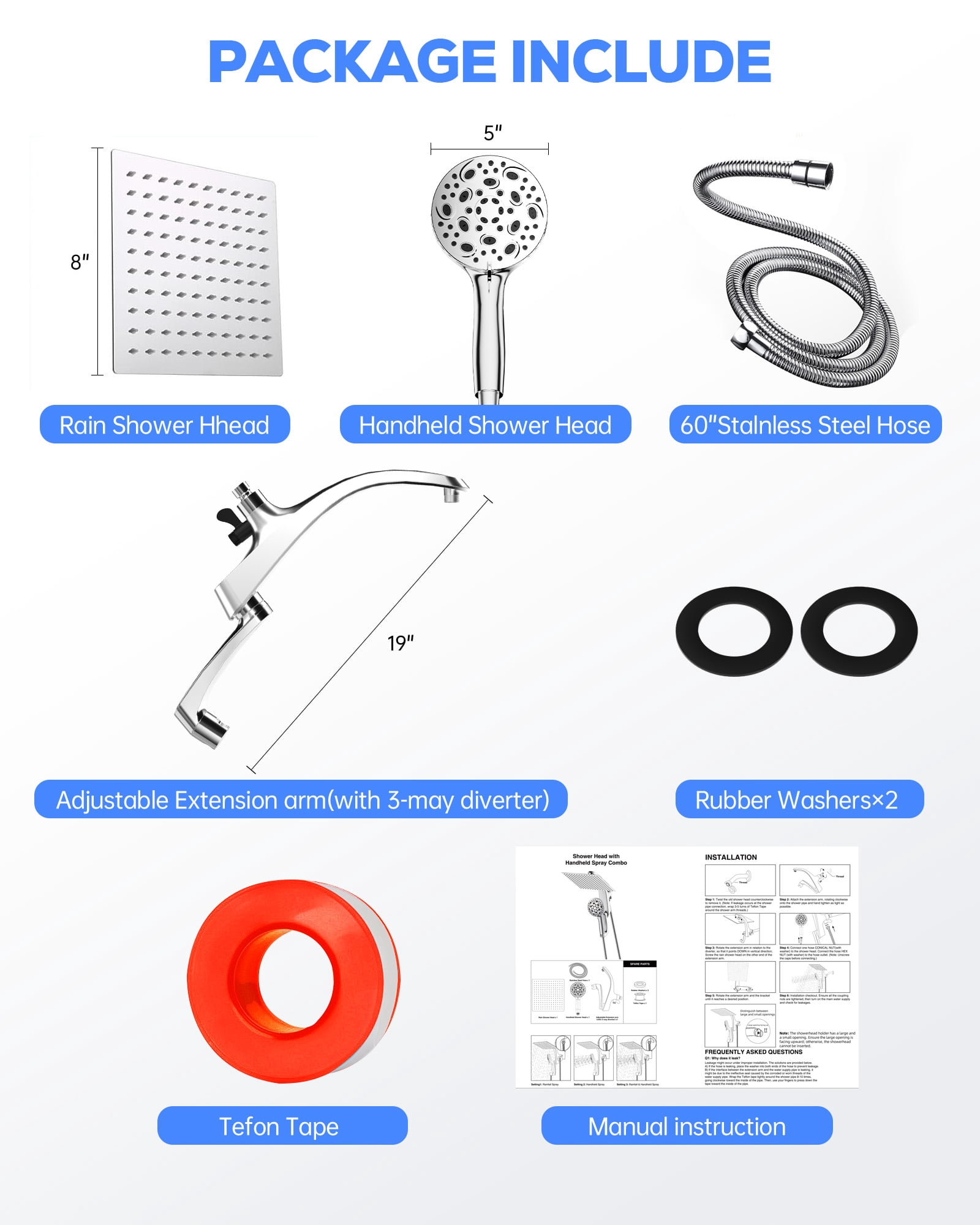 Hodvit High Pressure Rainfall Shower Head 10 Spray Handheld Showerhead Combo, 360° Degree Rotating Extension Arm, New