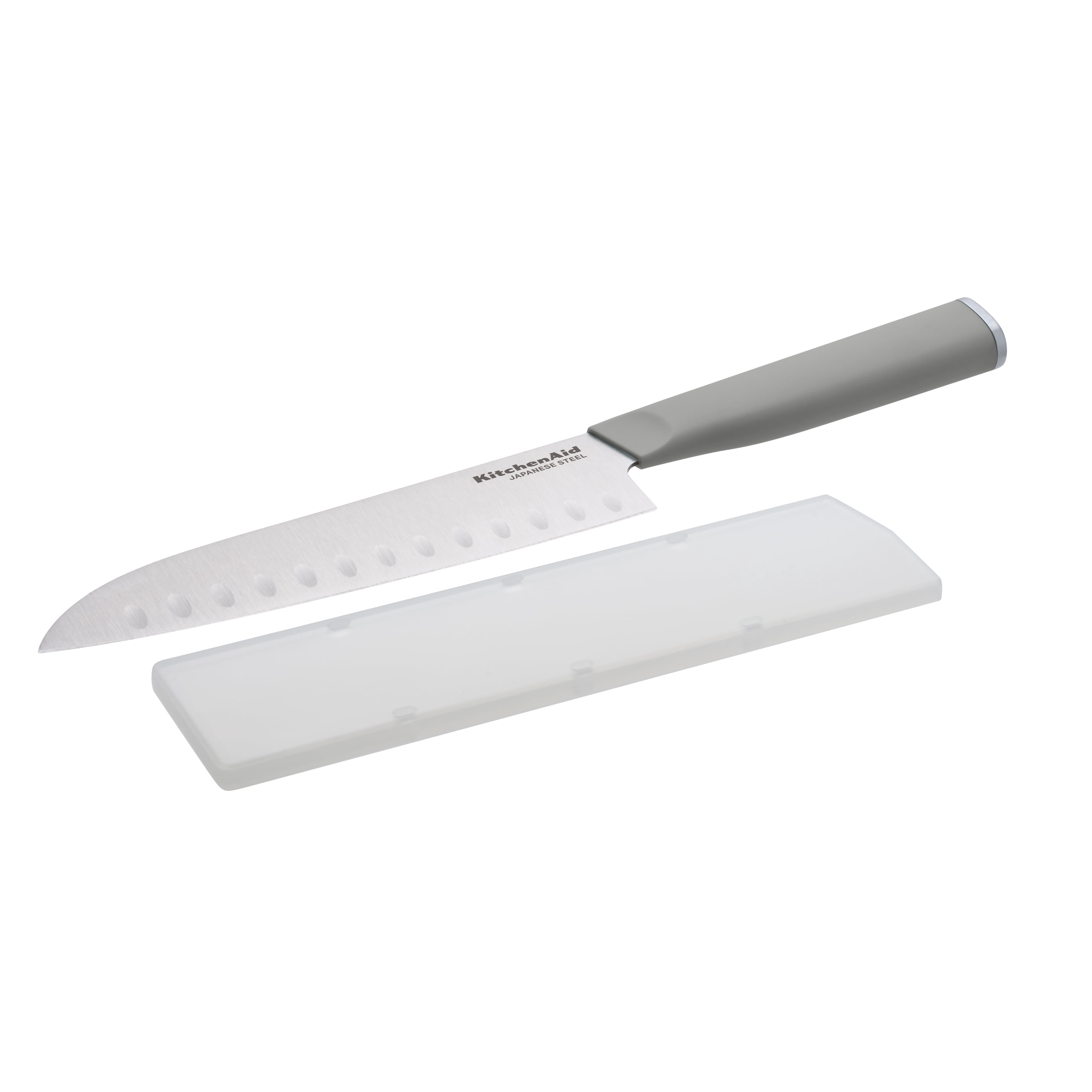 KitchenAid Classic 7-Inch Santoku Knife with Blade Cover, High-Carbon Japanese Steel, Gray Handle