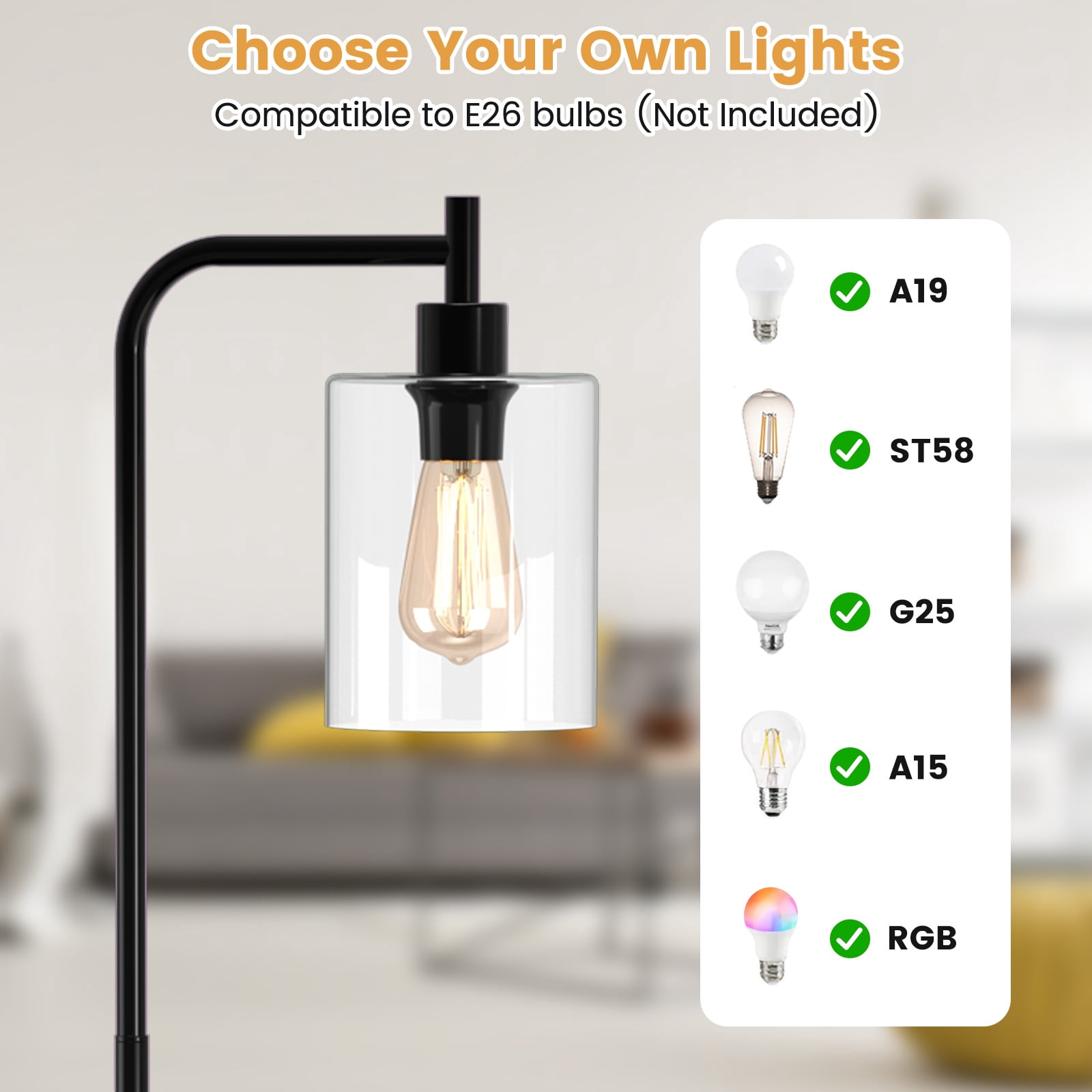 Giantex Industrial Standing Floor Lamp, Modern Reading Lamp w/Clear Glass Lampshade & Foot Switch, Tall Pole Lamp, Black
