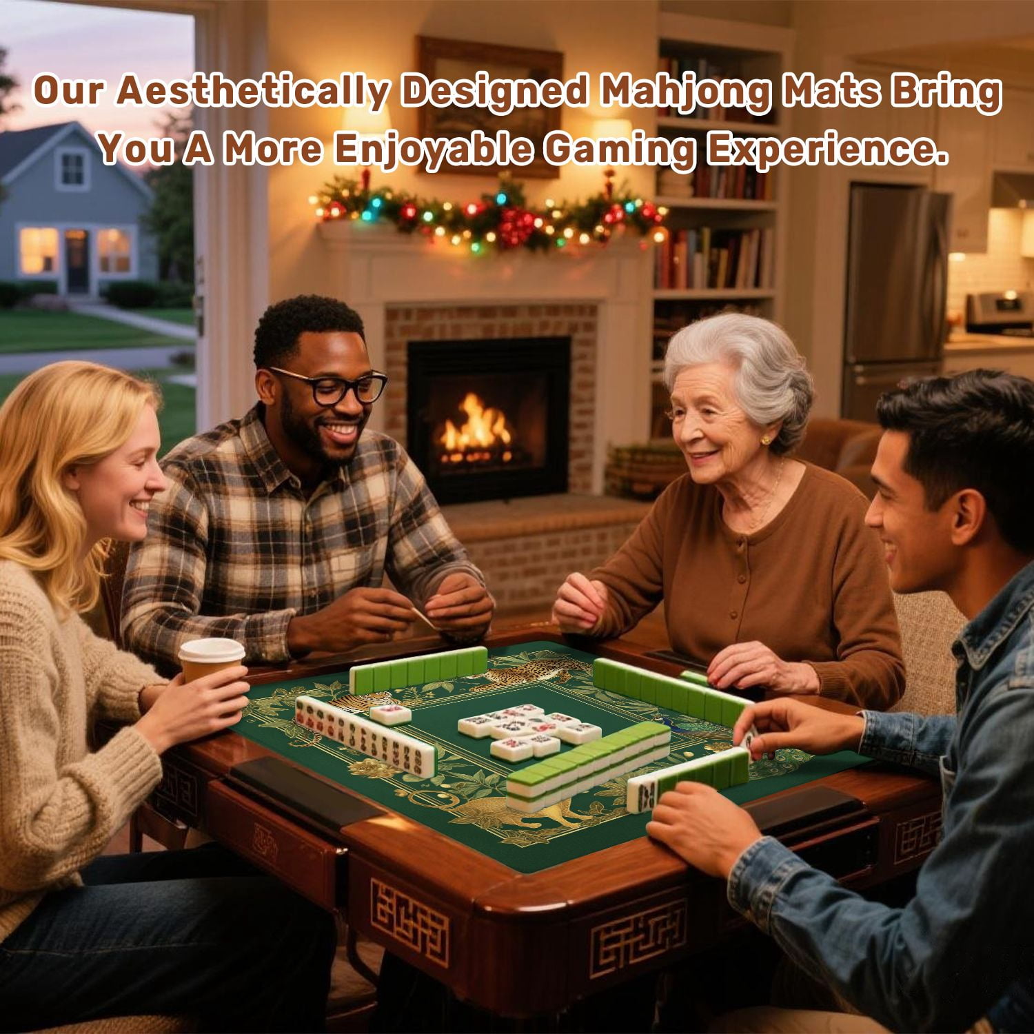 Mahjong Mat 31.5" x 31.5" Tropical Jungle Wildlife Tiger Leopard Peacock Golden Frame Non-Slip Noise Reduction American Mahjong Tiles Table Cover for Dominoes Poker Card Board Games Gift