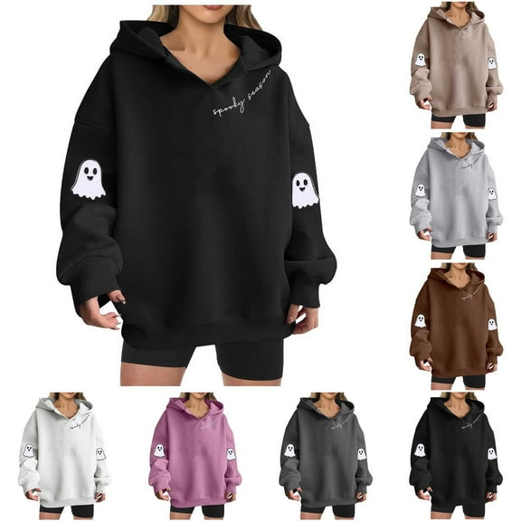 YOIAVAIOY Womens Halloween Ghost Hoodies Oversized Boyfriend Hooded Sweatshirt Long Sleeve Letter Graphic Pullover Fall Fashion Hoody Tops with Kangaroo Pocket Black M