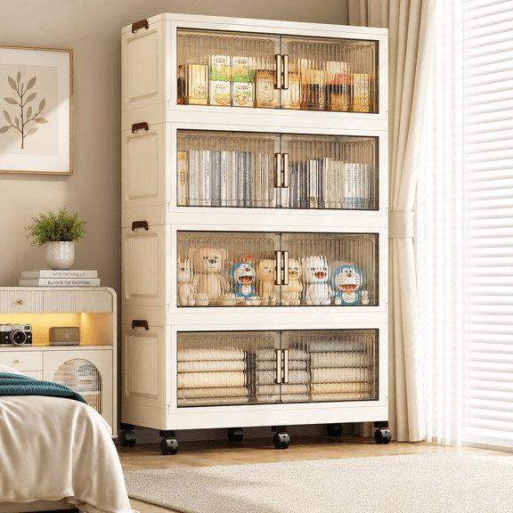 4-Tier Foldable Cabinet Organizer With Clear Front Doors, Stacking Storage Bins On Wheels, Plastic Wardrobe Closet Storage Box With Lids For Kitchen Pantry Bedroom