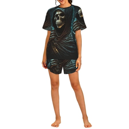 Pajamas Set Crew Neck Loungewear Sleepwear Short Sleeve Top Shorts Pj Sets Skull Gothic Death Grim Reaper
