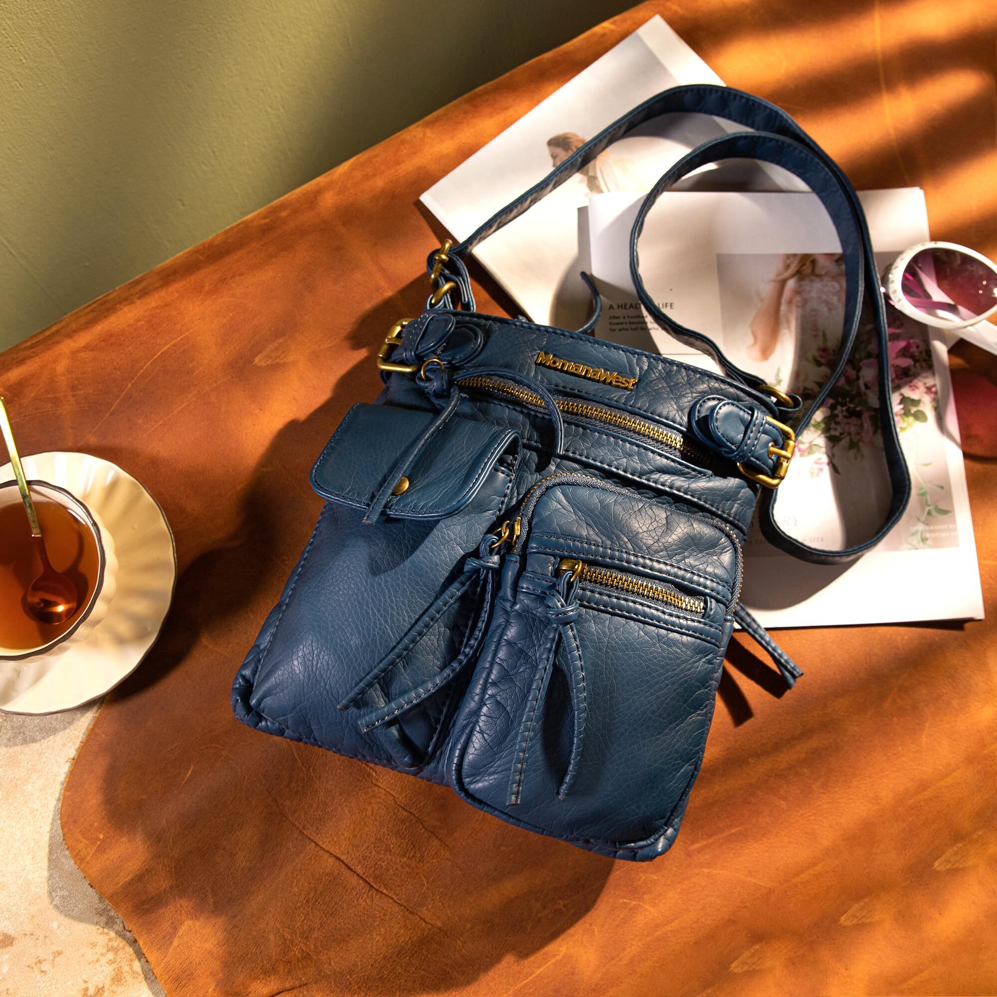 Montana West Crossbody Bag for Women Soft Washed Leather Multi Pocket Shoulder Purses, Blue