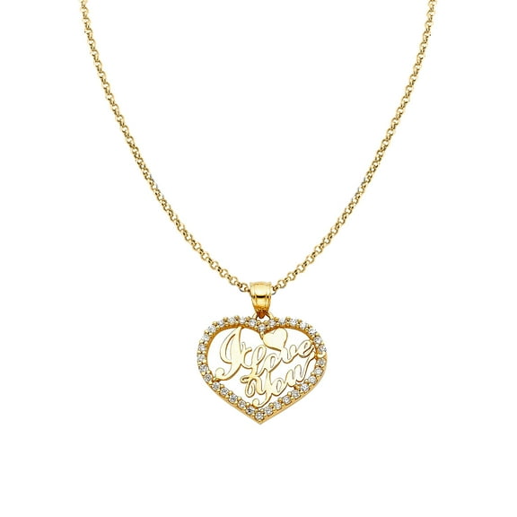 14k Yellow Gold Cubic Zirconia 'I Love You' Heart Pendant with 1.2mm Rolo Chain