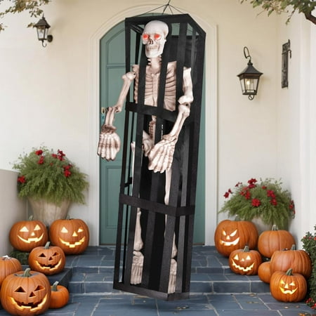Presence 64-inch Halloween Interactive Hanging Skeleton with Lights and Sounds in Cage Screaming Skeleton Prisoner
