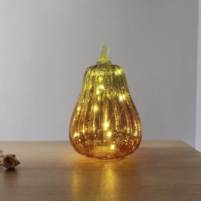 Outdoor Halloween Glass Pumpkin Lantern Mercury Glass Jack-o‘-Lantern with Timer Gradient Color 10 LED Lights Safe for Halloween Fall and Thanksgiving Decorations