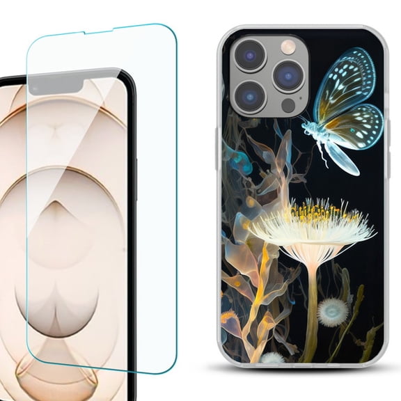 OneToughShield ® for iPhone 15 Pro Max Shockproof Fashion Phone Case, with Tempered Glass Screen Protector - Butterfly Translucent