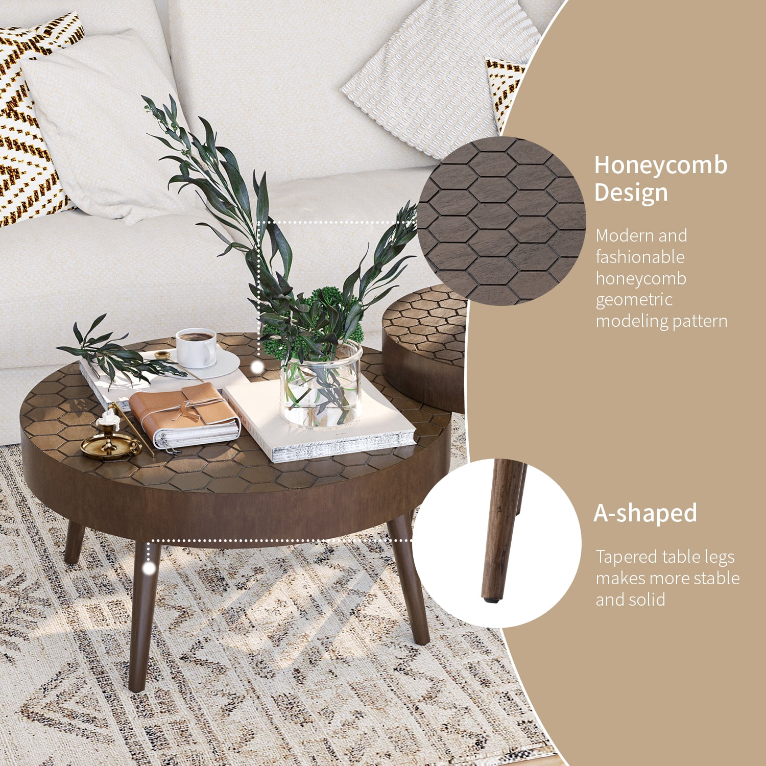 FOROUTIA Nesting Round Wood Coffee Table Set of 2,Morden Circle Side Table  for Living Room