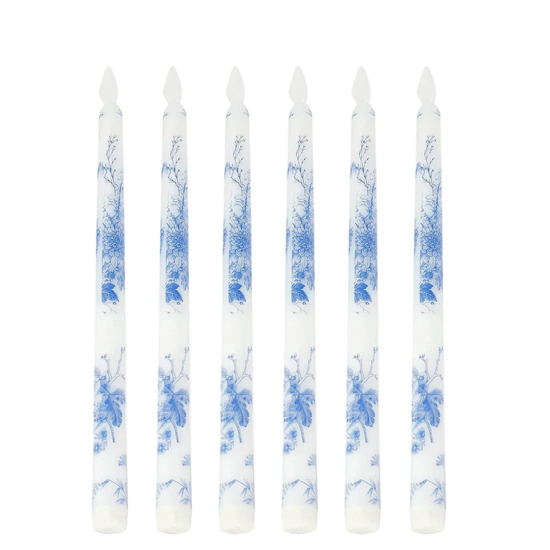 6 White Blue 11" tall French Toile Design Flameless LED Taper Candles Centerpieces