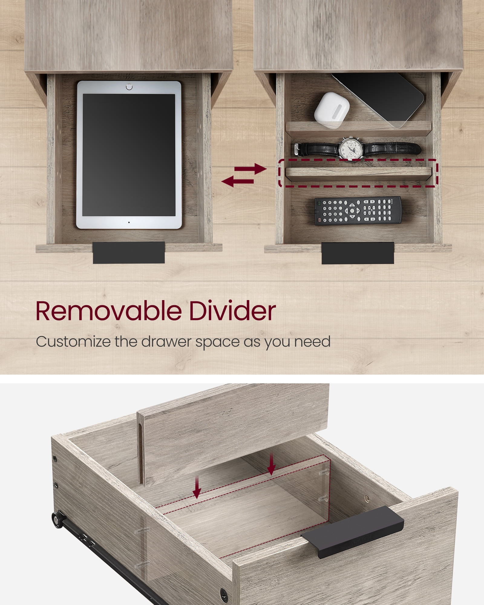 Side Table with Charging Station, Narrow End Table with 2 Drawers, Slim Nightstand and Bedside Table with Storage Greige and Black