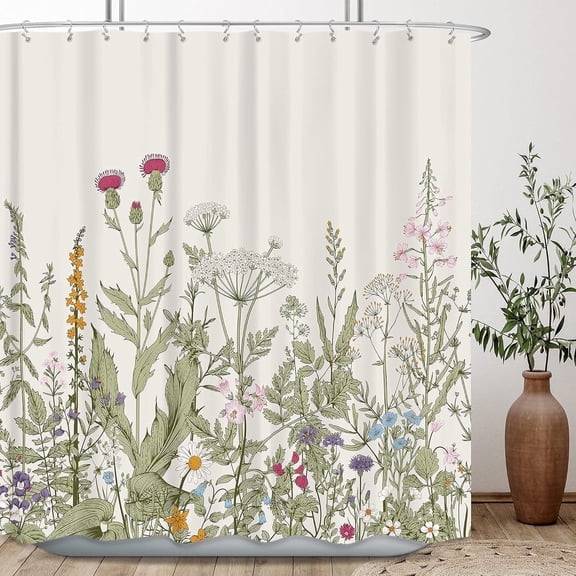 Floral Fabric Shower Curtain – Colorful Wildflower Bathroom Shower Curtain Set with 12 Hooks, Botanical Flower Bath Curtain, Waterproof Bathroom Decor