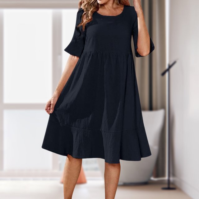 Vestido Vestido casual de mujer Vestido de línea A elegante de lino de algodón simple (Azul marino L) Kuymtek Azul marino T L para Mujer