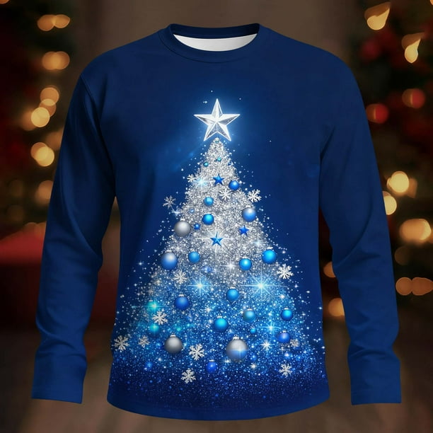 Amzcrzy Sudadera Para Hombre, Con Estampado Navideño, Informal, De Manga Larga Y Cuello Redondo, Azul, 2Xl