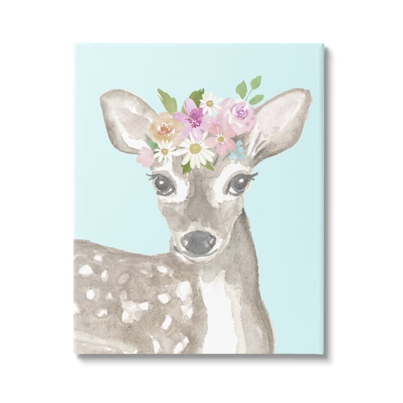 Stupell Industries Floral Deer on Blue Animals & Insects Painting Gallery Wrapped Canvas Print Wall Art, 16 x 20