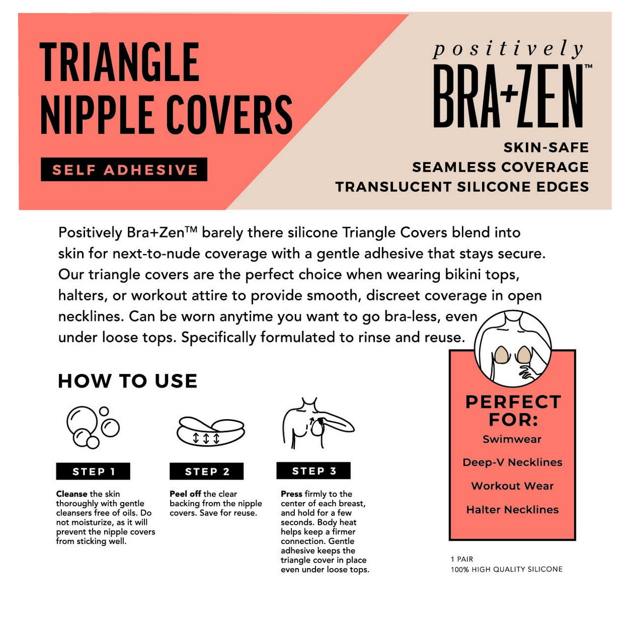 Positively BRA+ZEN Women's Reusable Silicone Triangle Nipple Covers Adhesive Pasties
