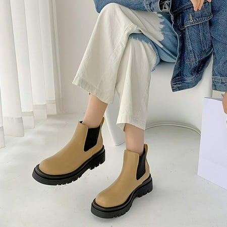 

Women s Winter Warm Solid Color Sleeve Round Toe Short Tube Thick Heel Boots