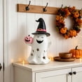 thumbnail image 4 of Star Moon Hollow Resin Ghost Statue Holding Pink Pumpkin Lantern, Halloween Cute Witch Hat Ghost Figurine, Warm Glow Pastel Halloween Tabletop Decor, 4 of 6