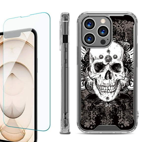 Shockproof Bumper Phone Case for iPhone 13 Pro Max, with Tempered Glass Screen Protector, by OneToughShield ® - Grunge Skull