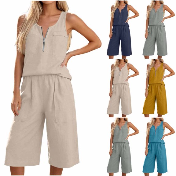 Women's 2 Piece Casual Outfits Sleeveless Half Zip Tank Tops and Wide Leg Capri Pants Sets Lightweight Summer Lounge Wear Yellow