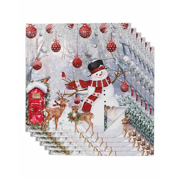 Christmas Cloth Napkins Set of 6, Xmas Snowman Balls Elk Snowflake Washable Reusable Dinner Cocktail Napkin for Kitchen Party Wedding Banquet Holiday Baby Shower Table Decor