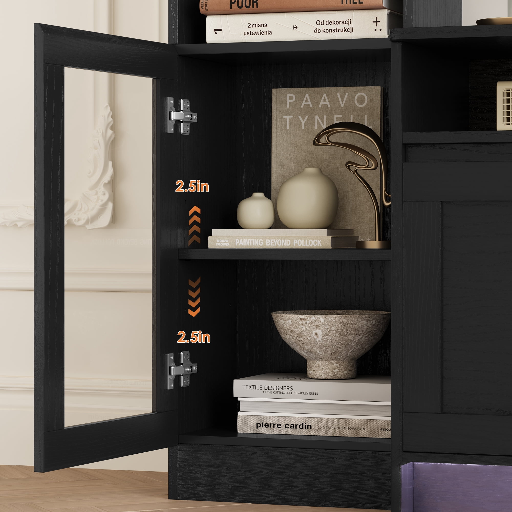 Hiphuta 79" W Wall Unit Entertainment Center with Bookcase for TVs up to 65", Farmhouse TV Stand with LED Lights for Living Room, Black