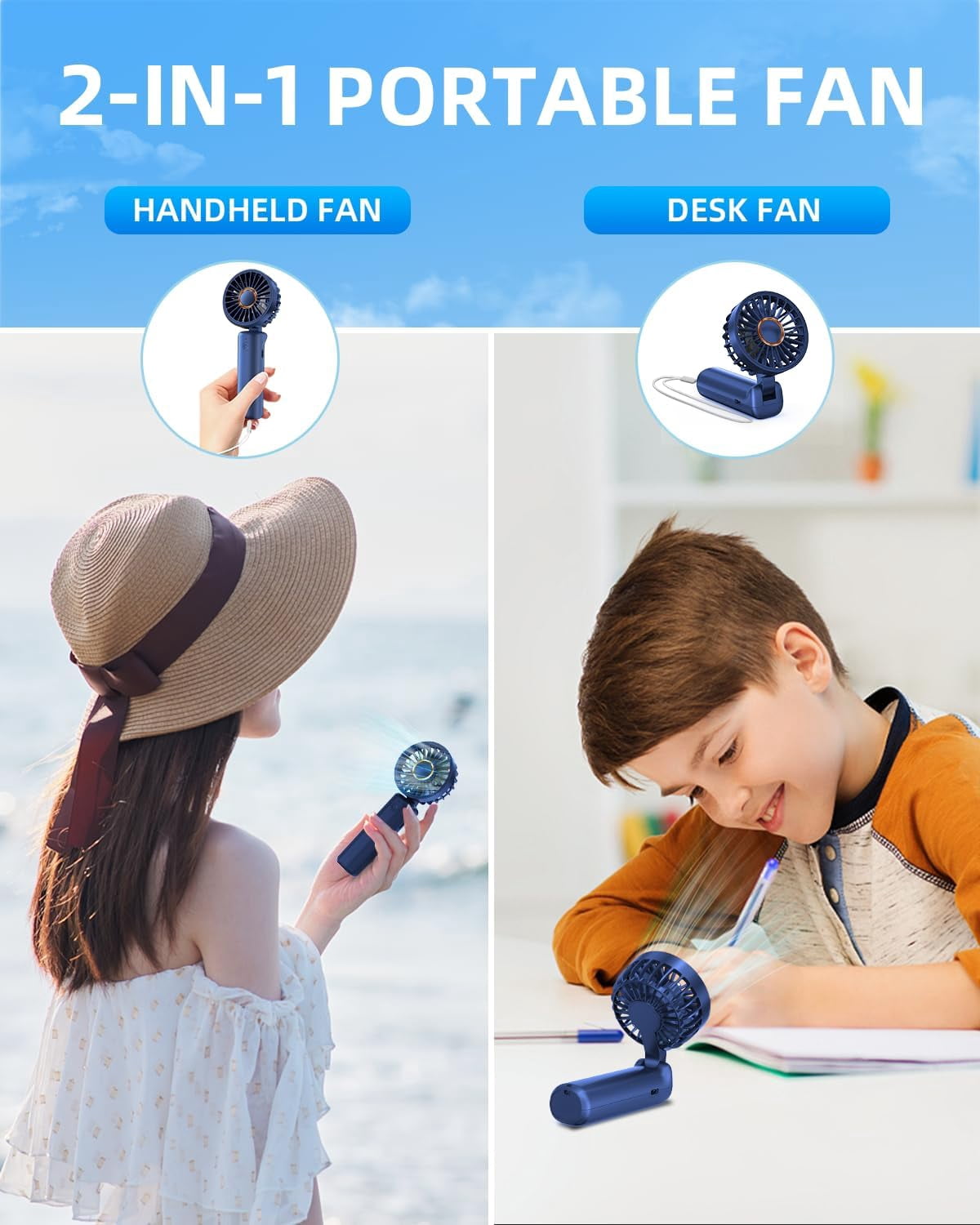 Portable Handheld Fan,Mini Portable Fan, 2000mAh Rechargeable USB Fan, 3 Speed Personal Small Desk Fan,Strong Airflow,Super Quiet, Pocket Fan with Carabiner for Girl Women Home Outdoor Indoor -Blue