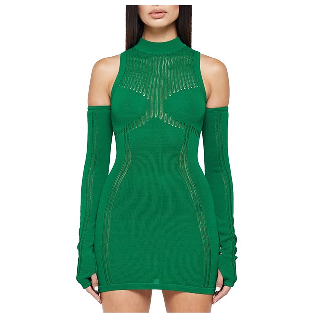 Mrat Pulls Courts pour Femmes 2024 Robe Chandail Mini pour Femmes Couleur Unie Sans Manches avec Manches Longues Robe Chandail Ajourée S-85 Vert P