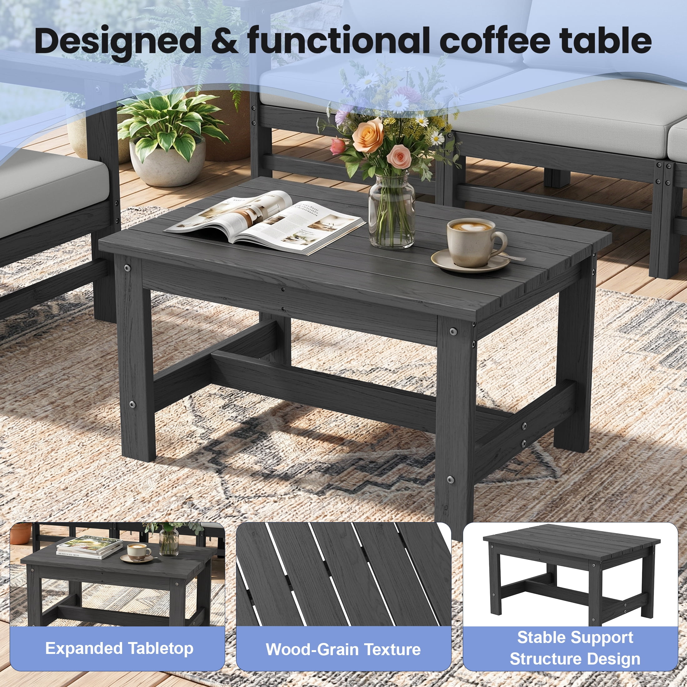 UDPATIO HDPE Patio Conversation Set, 6-Piece Sectional Outdoor Furniture Set, All-Weather Outdoor Couch Set for Deck, Lawn, Grey Frame with Grey Cushion