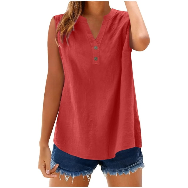 WRKEKC Womens Tank Tops Cotton Linen Shirt Solid Color Button Down Sleeveless V-Neck Camisole Casual Top