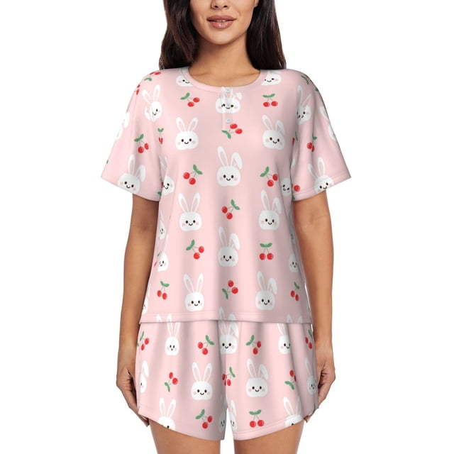 Balery Rabbit And Cherry Conjunto de Pijama para Mujer con Estampado, Dos Piezas de Manga Corta y Shorts, Ropa de Dormir Suave con Cuello Redondo y Bolsillos-Small