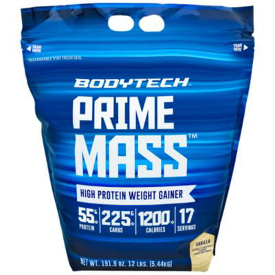 BodyTech Prime Mass  High Proetin Weight Gainer  With 55 Grams of Protein per Serving to Support Muscle Growth  Performance Blend of Creatine, Glutamine  BCAA's  Vanilla (12