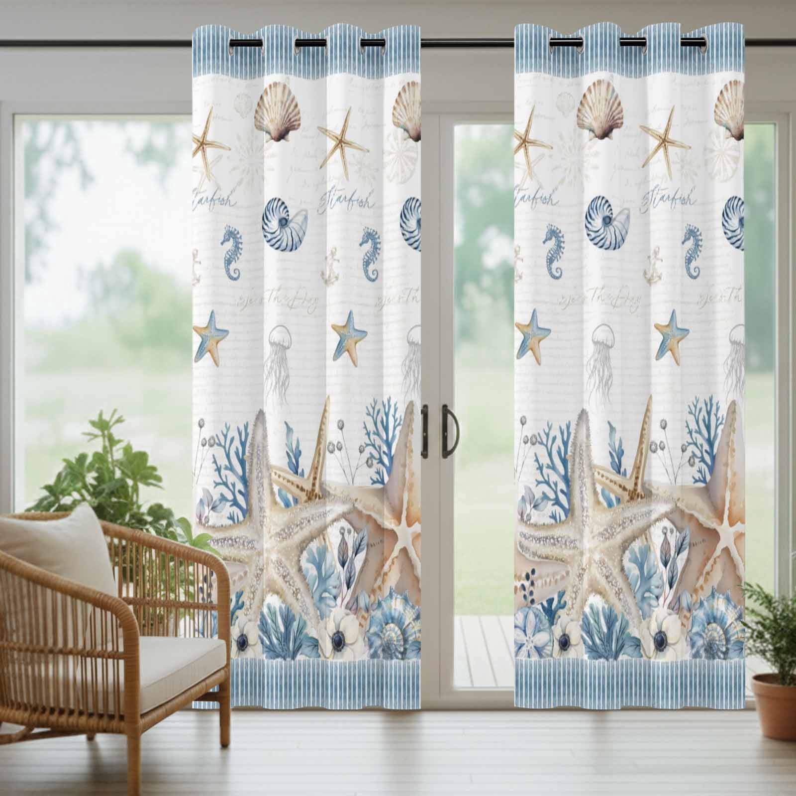 Summer Ocean Outdoor Curtains for Patio, Nautical Sea Starfish Seashell Coral Seahorse Blue Stripe Sunshade Privacy Drapes Grommet Waterproof Outside Curtains for Porch Balcony 54"x108", 1 Panel