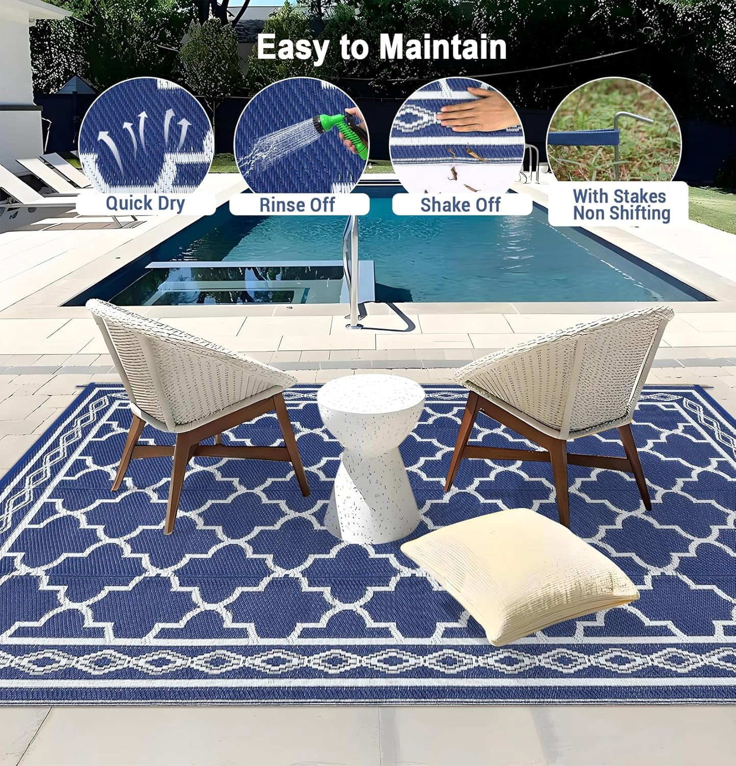 Memoryfield Waterproof Outdoor Rug 8x10ft for Patios, Plastic Straw Rug Outside Carpet Mats for Picnic, Backyard, Deck, Balcony, Porch, Beach, Dark Blue & White
