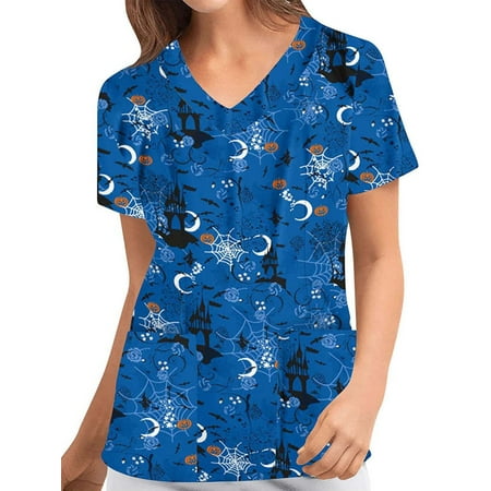 

Grianlook Scrub Tops for Womens Workwear Nursing Shirts Cartoon Print Casual Loose V Neck Tshirts