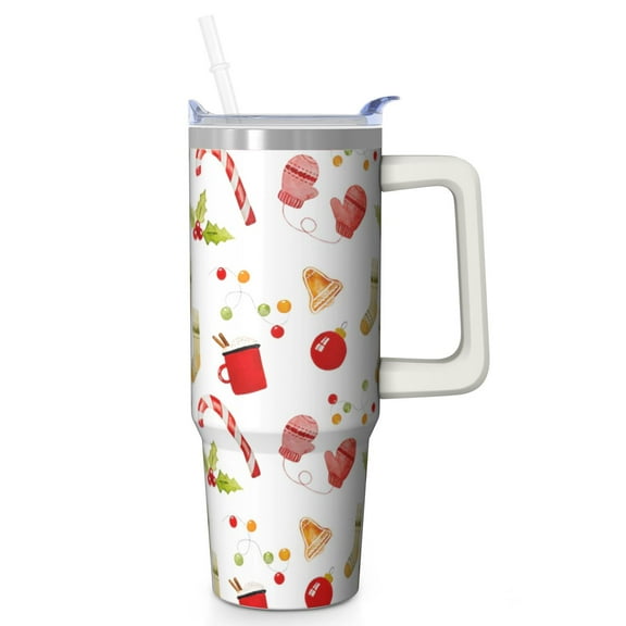 Christmas Reindeer 30oz Stainless Steel Tumbler with Handle and Straw, Winter Holiday Coffee Mug, Leak Proof Travel Cup Gifts for Women Men