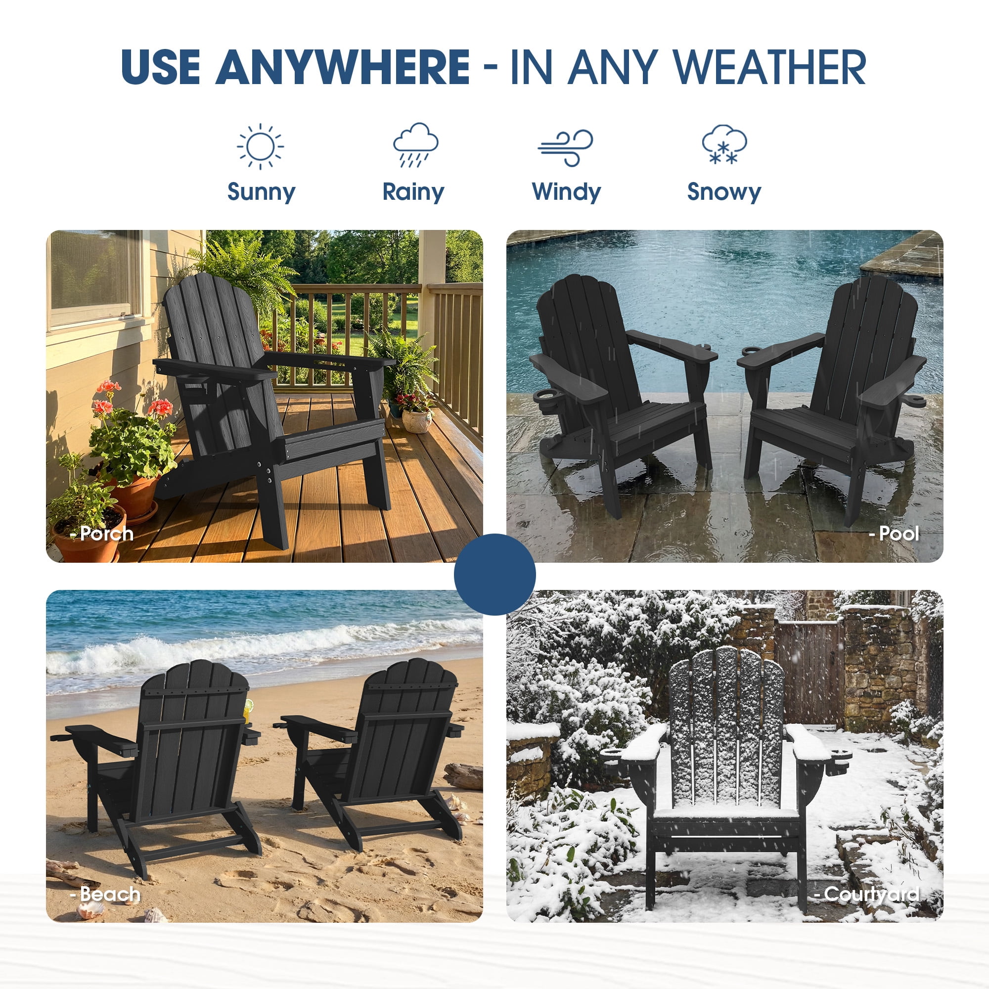 Adirondack Chairs Set of 4, Folding All-Weather HDPE Plastic Patio Chairs, Black