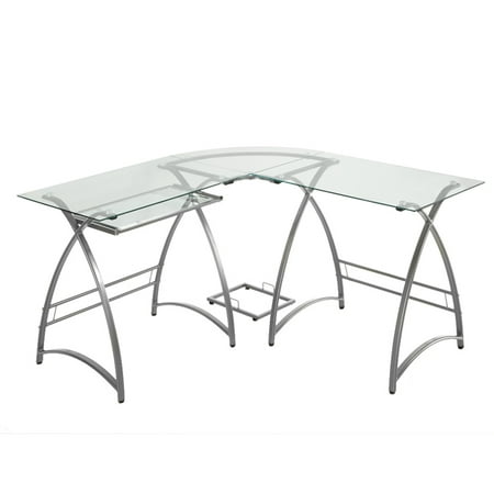 Walker Edison Glass L Shaped Computer Desk With Pull Out Keyboard