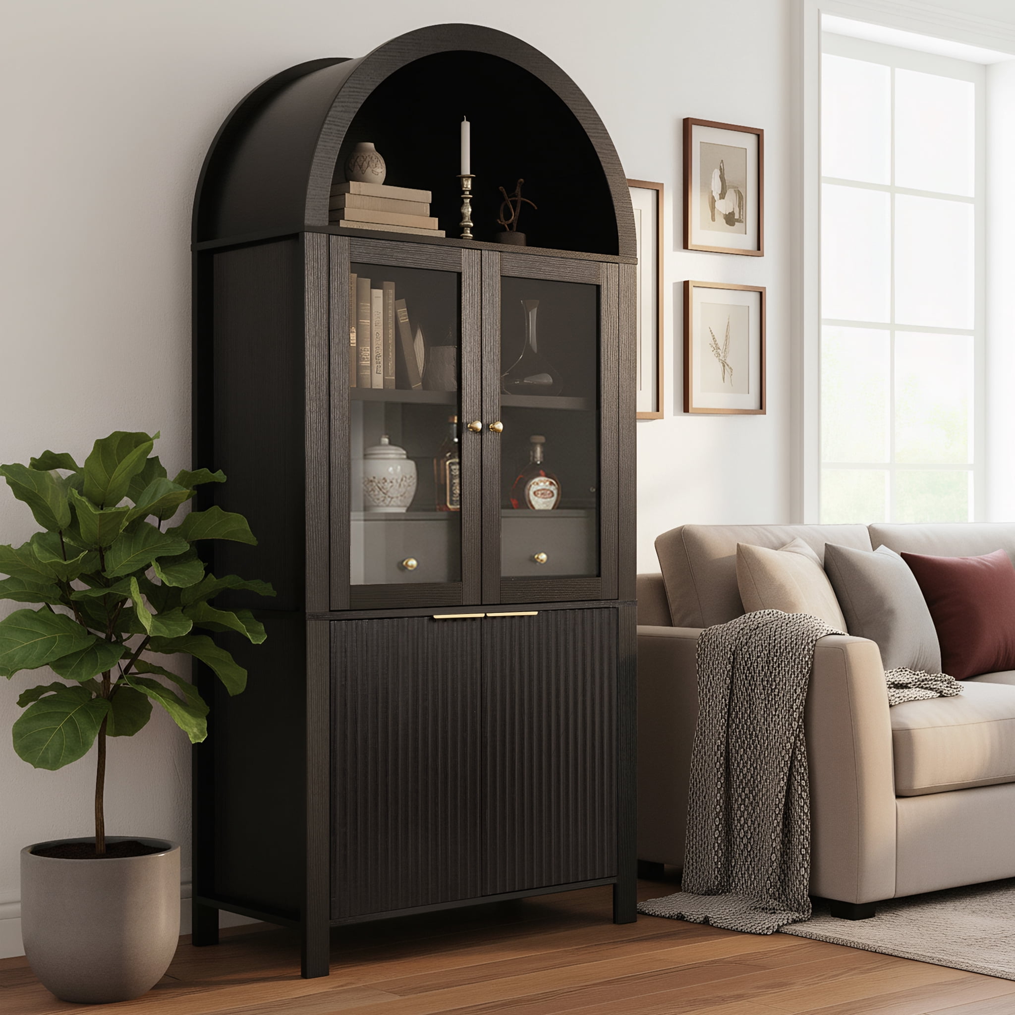 Mintazer 71" Fluted Tall Arched Kitchen Pantry Cabinet with Adjustable Shelves, Freestanding Storage Cabinet with Glass Doors & Drawer for Kitchen Living Room Dining Room, Black