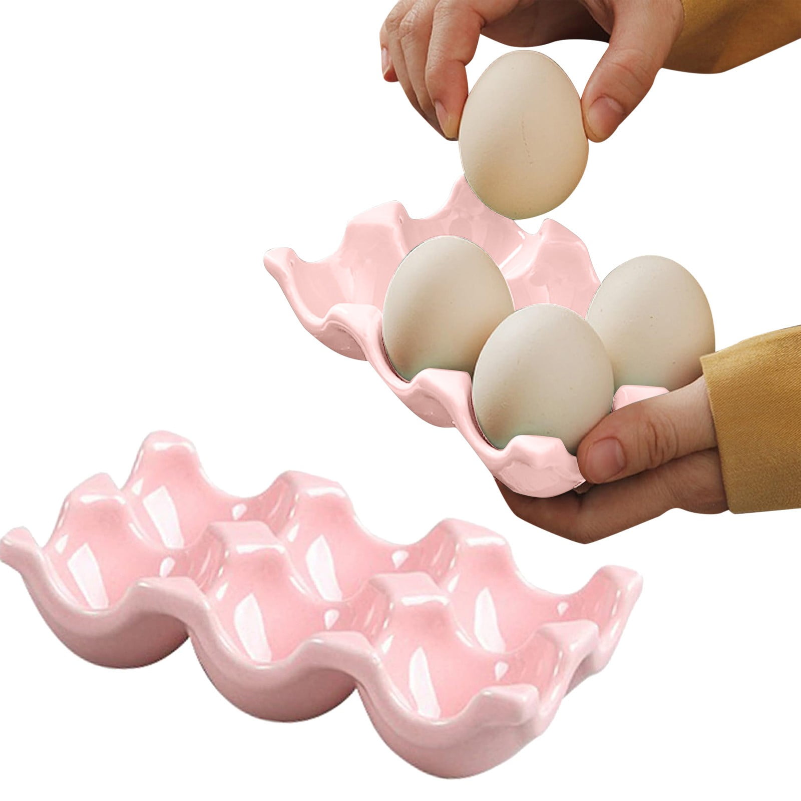 BEGHT 2Pcs Ceramic Half Dozen Egg Tray Holder for Countertop, Refrigerator, Porcelain Egg Carton Holds6 Chicken Eggs, Hard Boiled Eggs for Refrigerator Countertop Display Kitchen.
