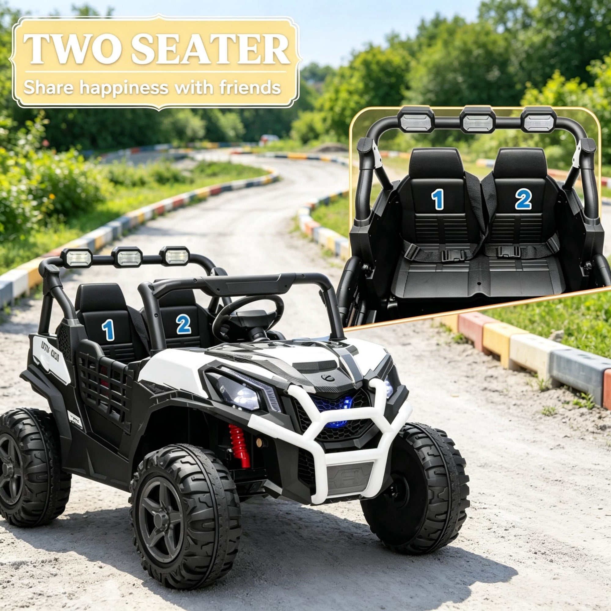 2 Seater 24V Kids Electric Car, Remote Control 3 Speed LED Lights Music Horn Spring Suspension Slow Start, White