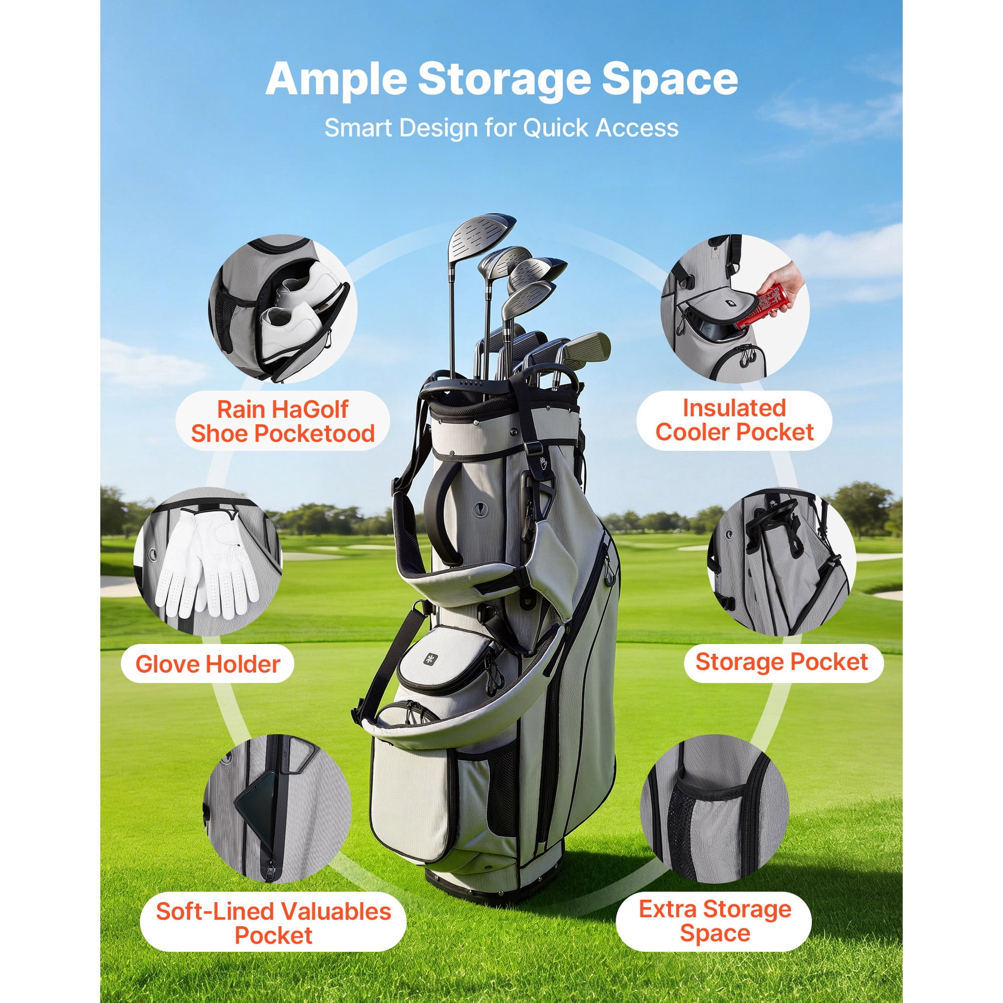 KFFKFF Golf Cart Bag with 14-Way Divider, Dual Shoulder Straps, Support Legs, Rain Cover, Multiple Storage Pockets, Lightweight Polyester Design for Men and Women