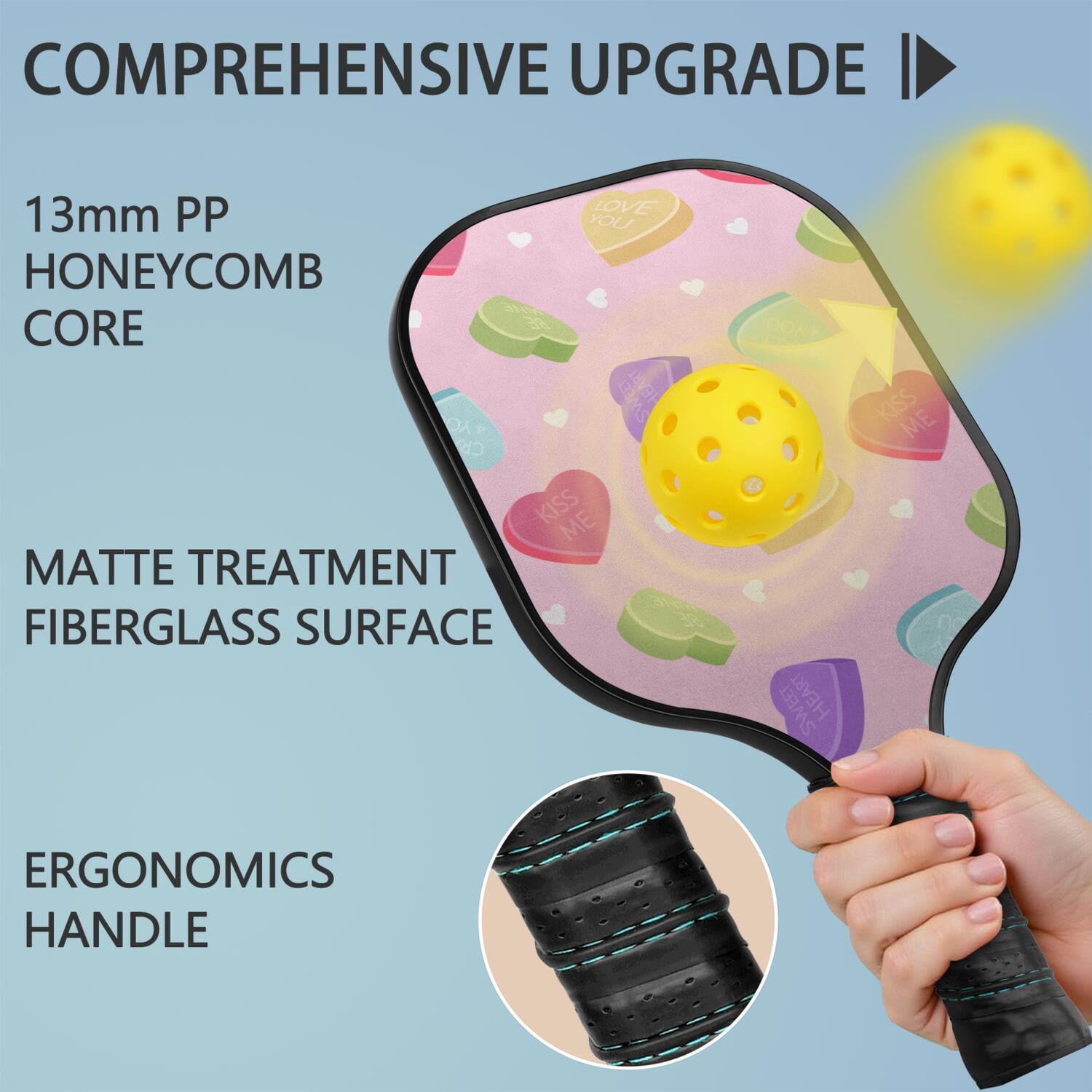 Pickleball Paddles Set Of 2, Fiberglass Surface, Sweet Candy Print, 4 Balls & Bag