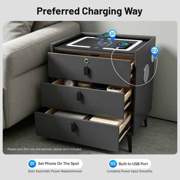 Smart Nightstand with Charging Station, LED Bedside Table with 3-Color Light, Bluetooth Speaker, USB Ports & Fingerprint Lock Drawer Minimalist Solid Wood Night Stand for Bedroom (Dark Grey)