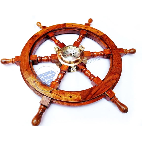 Nagina International 24 Inches Nautical Ship Wheel with Brass Roman Porthole Clock -Pirate Nautical Gifts