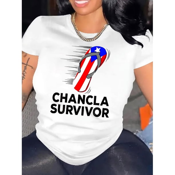 Flag Slippers & Letter Print Comfy T-Shirt, Round Neck Short Sleeve Sports Tee, Women's Activewear